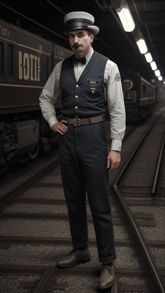 AI generated: An Obnoxious person wearing Fresh Exclusive Georgette Railroad conductor uniform, 4K photography, Wi...