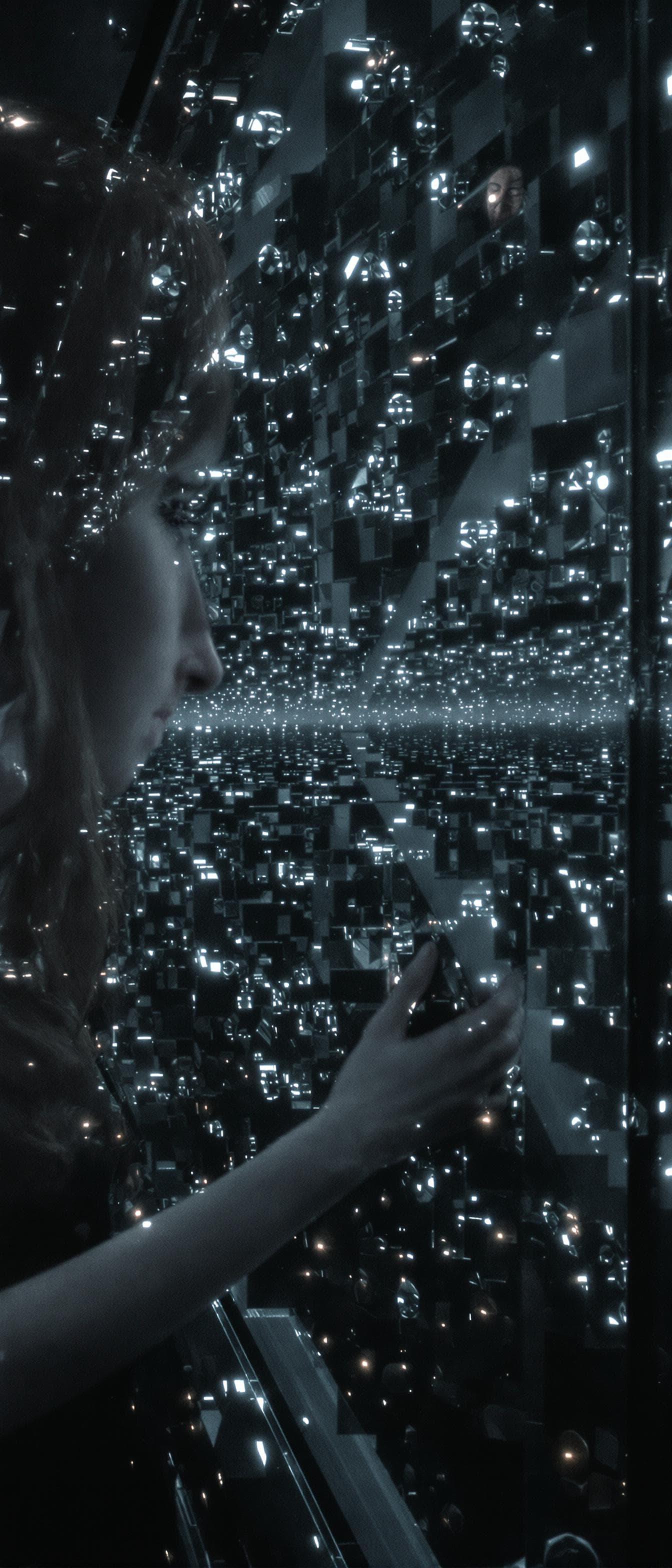 AI generated: A sad woman looks at mirror.  Theres many endless reflections.  Dark light . Sad mode . Hyperrealist...