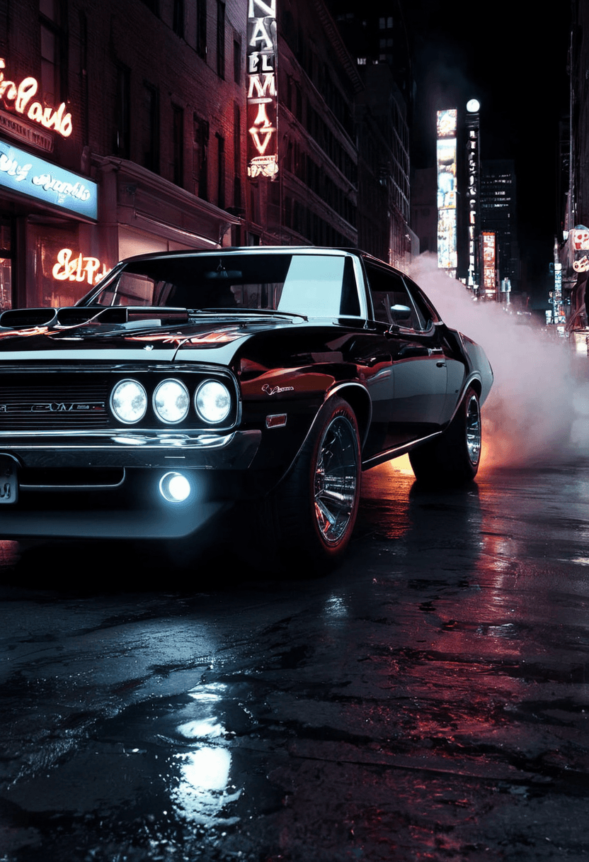 AI generated: professional 3d model A late '60s muscle car,chrome-trimmed and powerful,revs its engine as it prepa...