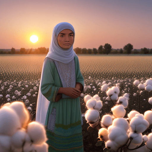 AI generated: Uzbek person looking at the cotton field in the sunset