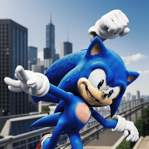 AI generated: Create an action shot of Sonic from the Sonic the hedgehog games, wearing his white gloves. he is ha...