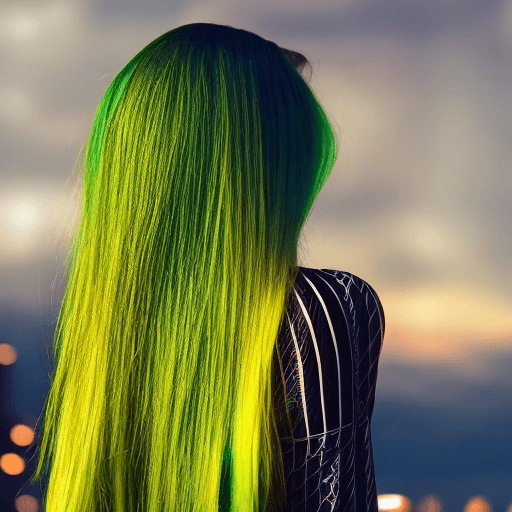 AI generated: Woman with long green hair in cyberpunk style looking into the city