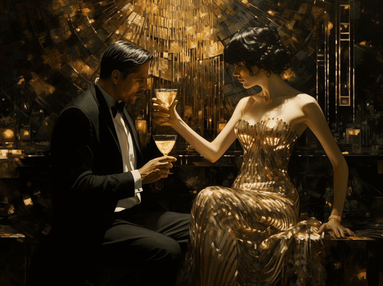 AI generated: a man and woman dressed down at a cocktail party talking, in the style of glitter and diamond dust, ...