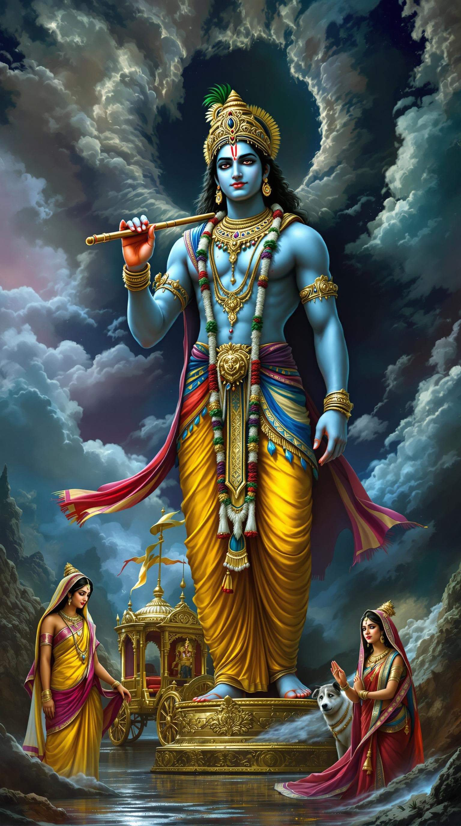 AI generated: Image Prompt: "A grand and powerful depiction of Lord Krishna standing determinedly with his flute i...