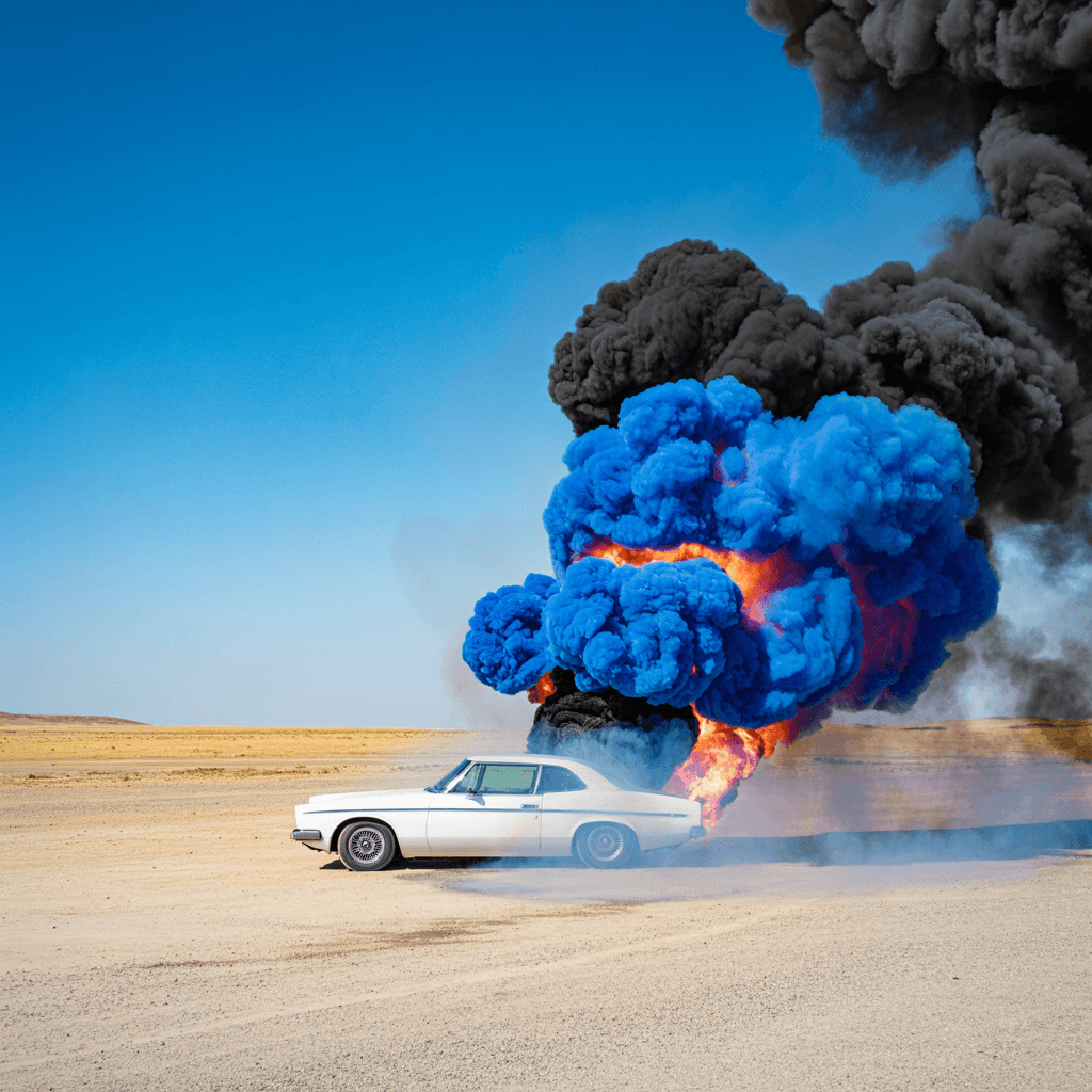 AI generated: A dramatic scene in a desert landscape features a classic white luxury car parked on a sandy, barren...