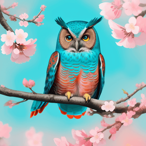 AI generated:  Super High resolution An illustration of a teal, orange and pink  owl with bright blue eyes in the ...