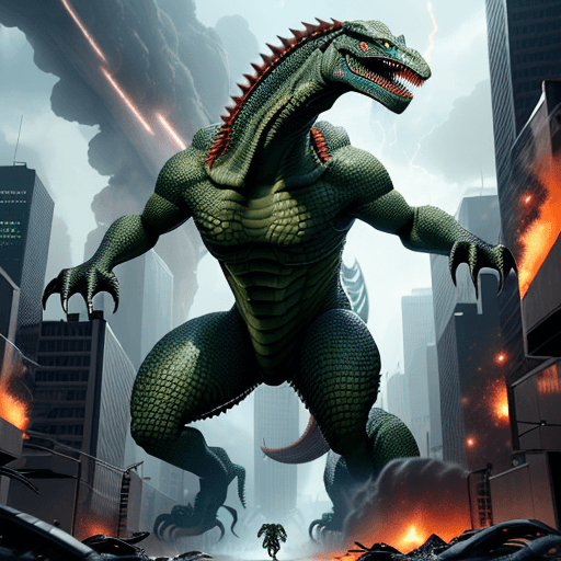 AI generated: gigantic digitigrade anthropomorphic reptilian monster rampaging through futuristic city while battl...