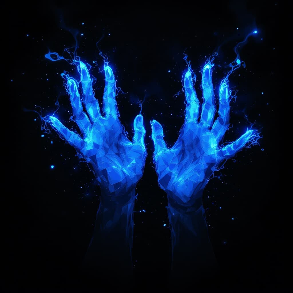 AI generated: 2 blue hands, anime, cyberpunk, style on black bacground,