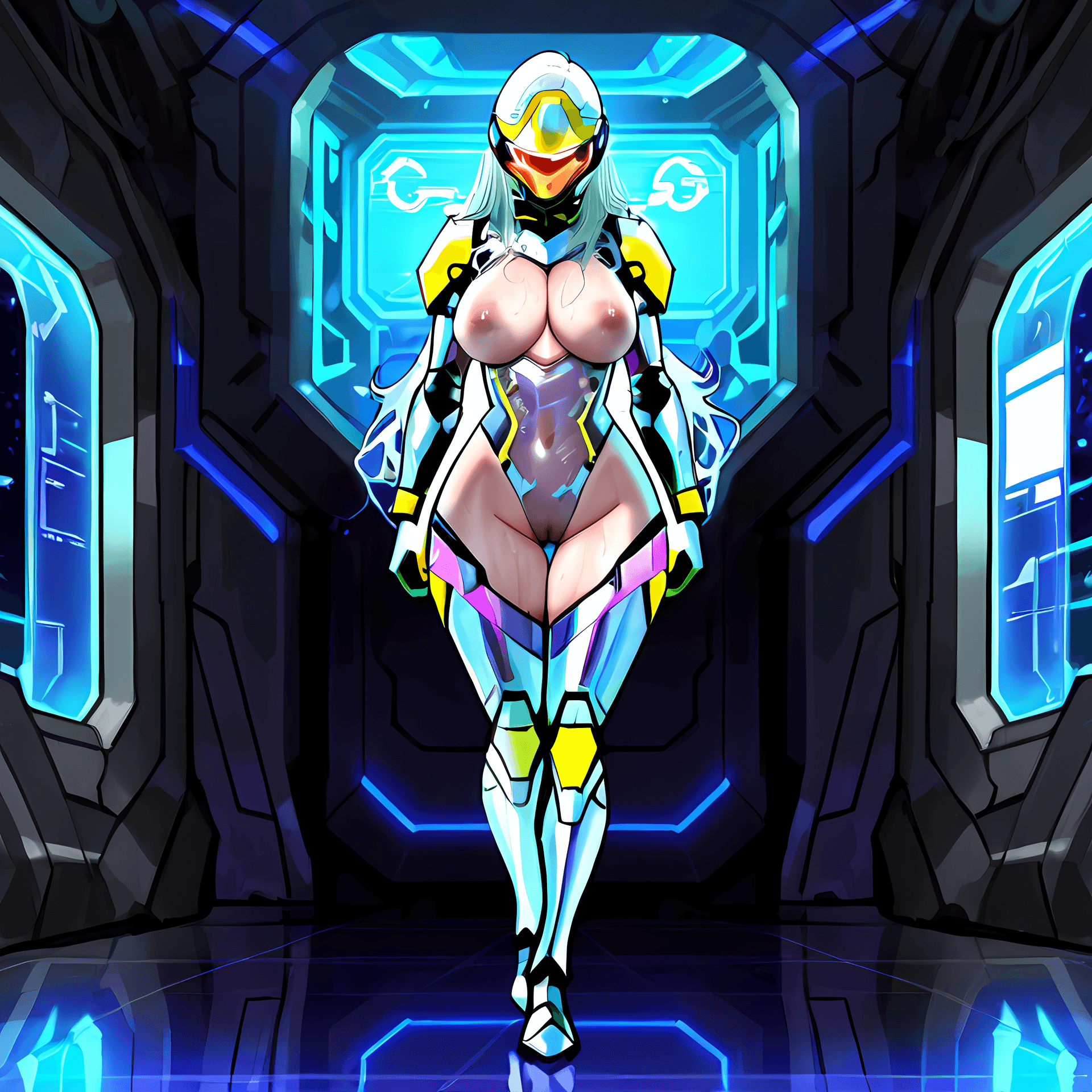 AI generated: Glowing circuits, metallic reflections, (curvy body:0.95), (soft skin:1.1), (naked under the suit:1....