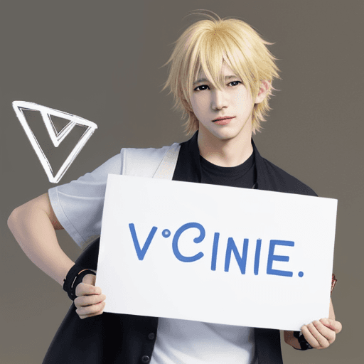 AI generated: young cute anime boy with blonde hair holding white sign with the letters "vc?" written on it. gener...