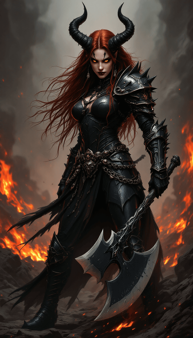 AI generated: The Demonic Legionnaire: A terrifying and powerful warrior with long, dark auburn hair, styled in a ...