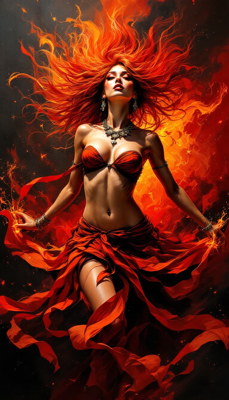 AI generated: "Ember Dancer in a Volcanic Heart": A dynamic abstract painting captures a dancer, exuding both pass...