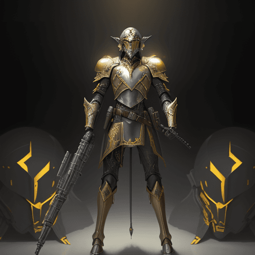 AI generated: full body of a high elf sci fi soldier wearing heavy sci fi elven armor, black and gold armor and he...