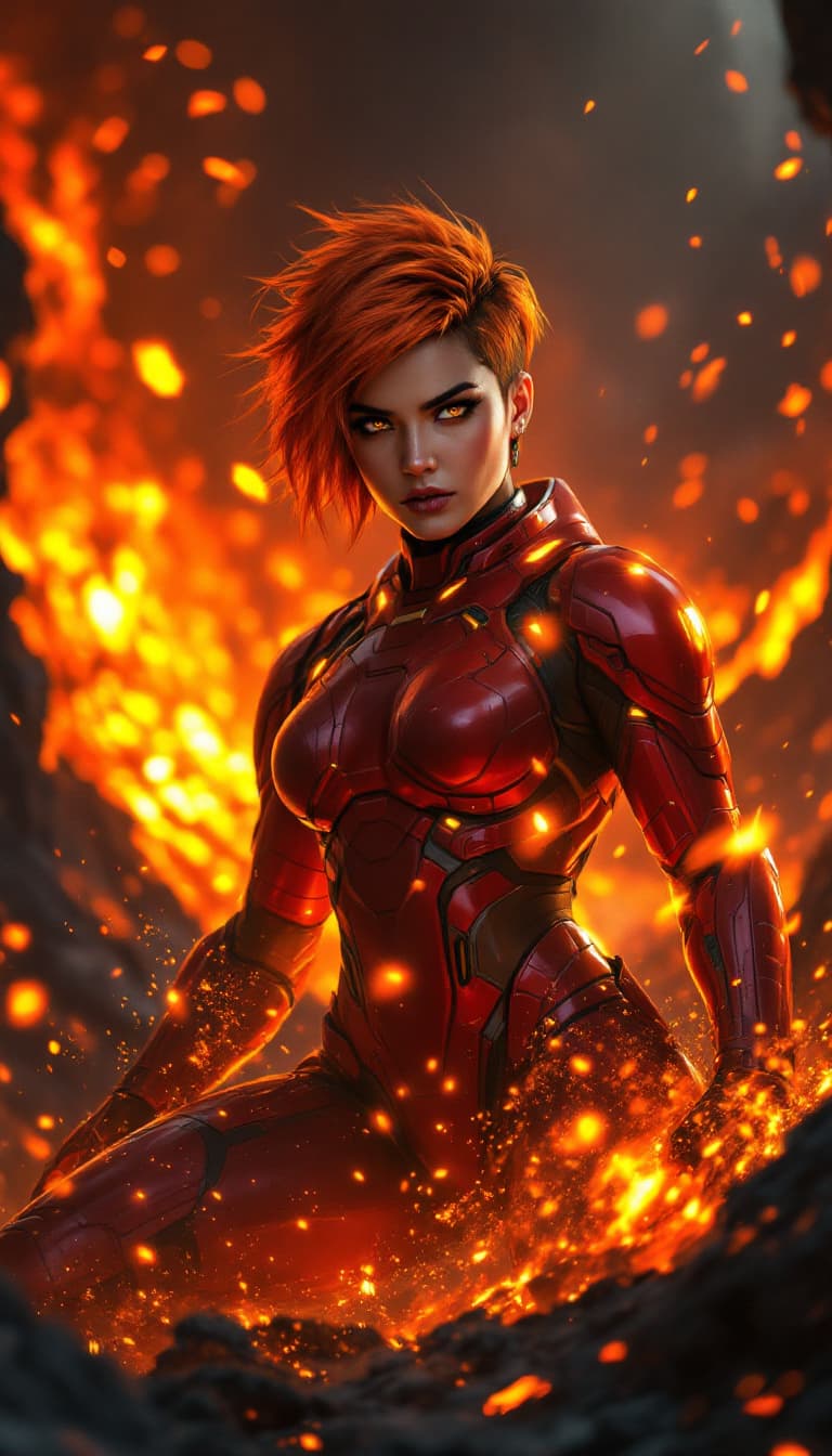 AI generated: Maya "Phoenix" Reyes from the Ember Legion, radiates a fierce, fiery passion with her short, vibrant...