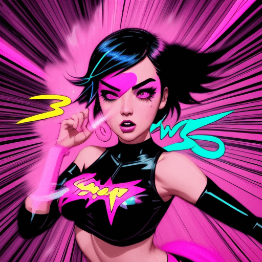 AI generated: a super hero, bold neon pink, cartoon style illustration of a dancer with black hair as she sees the...
