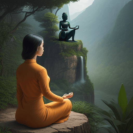 AI generated: Landscape picture of plant reaching upward and a meditating woman