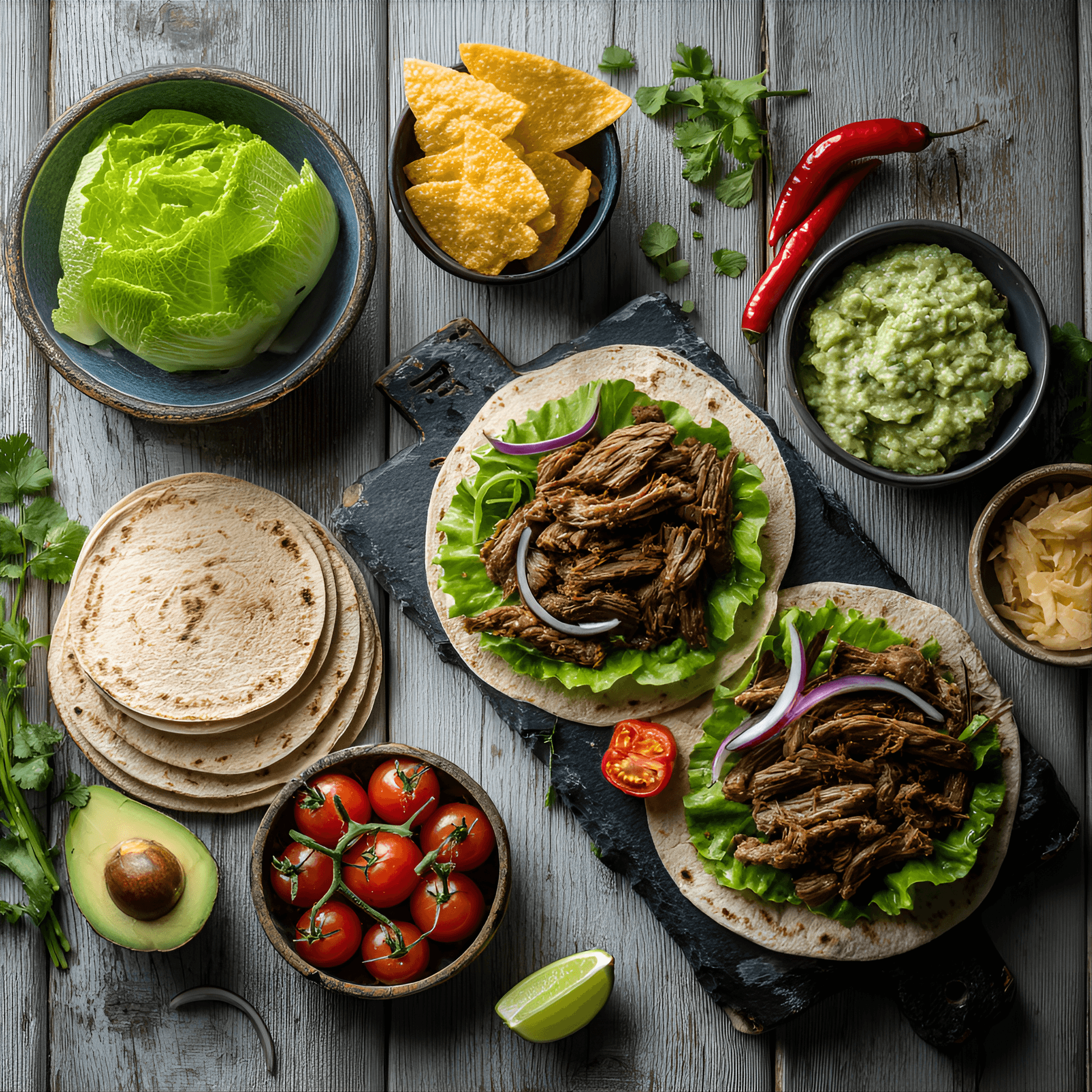 AI generated: Overhead view of various ingredients for tacos or burritos, arranged on a rustic wooden surface.  Se...