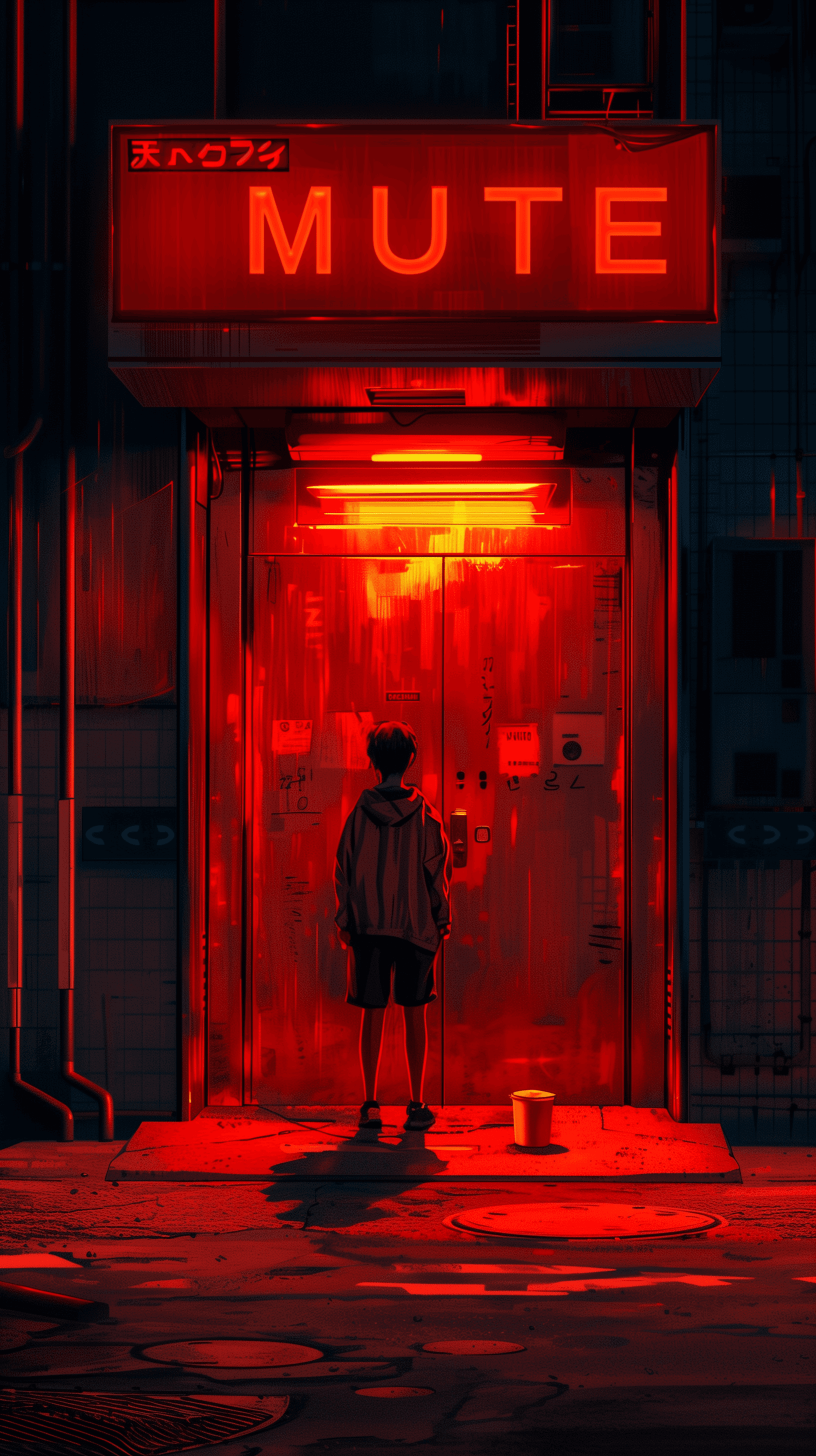 AI generated: nighttime scene centered on an elevator entrance, illuminated by a stark red, a lone boy stands in t...