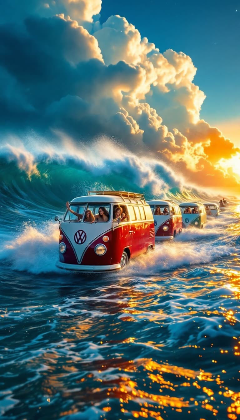 AI generated:  A high contrast art photo of 4 Classic Vw buses of blue and white, red and white, teal green and wi...