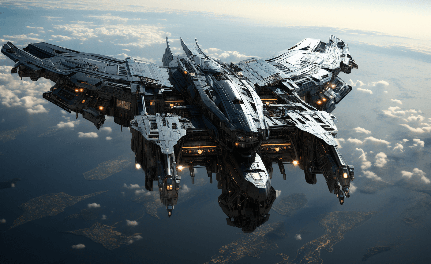AI generated: an array of futuristic spacecraft winging through the sky, in the style of realistic lifelike figure...