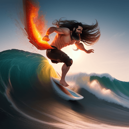 AI generated: Hyper realistic, man with long dark hair and a beard, surfing a wave on fire, ultra detailed, 