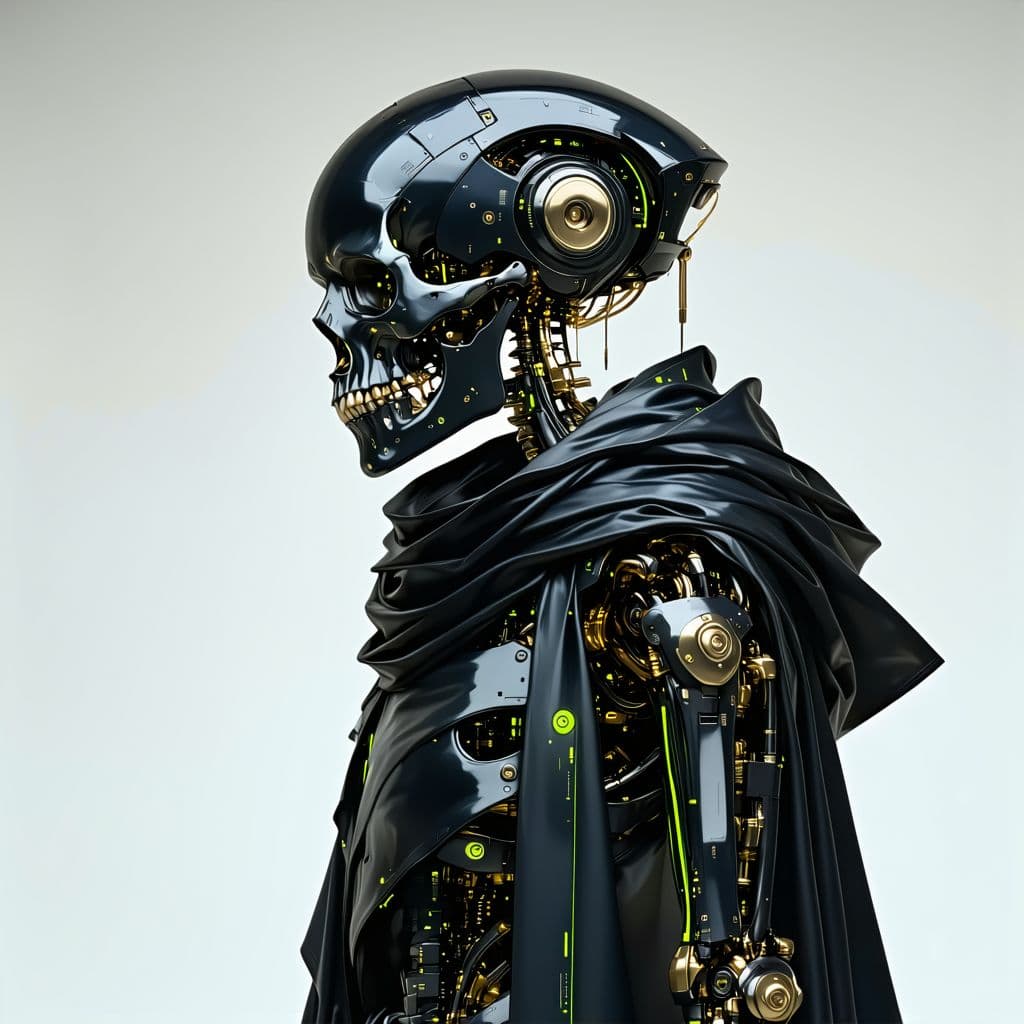 AI generated: futuristic skeletal figure, cyberpunk aesthetic, glossy black metallic skull helmet, neon green acce...
