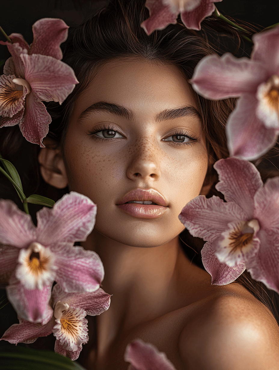 AI generated: Ultra-realistic studio portrait of a woman with natural facial features, surrounded by Cattleya flow...