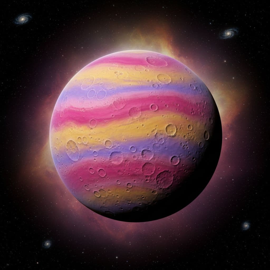 AI generated: A Pink, Purple and Yellow sandy planet floating in space with craters 