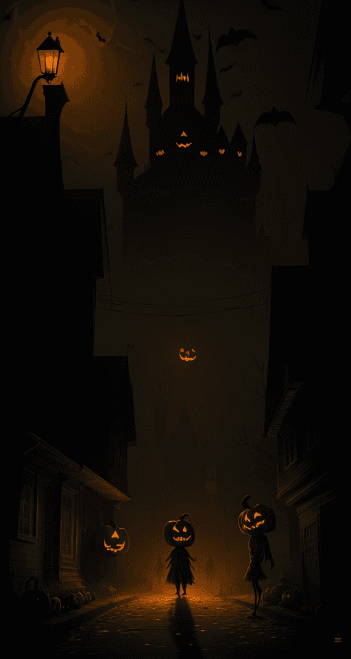 AI generated: a creepy and eery Halloween setting, with Jack o lanterns on the street and shadow figures lurking a...
