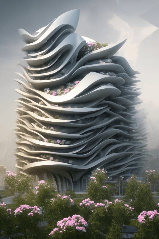 AI generated: A exterior 3D rendering of a building inspired on the layers structure of the rose flower, Zaha Hadi...