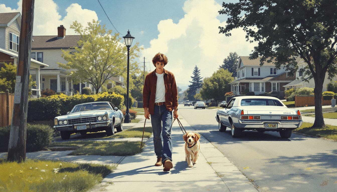 AI generated: In the style of Norman Rockwell, oil painting, front view of a 15yo teen ager walking only one dog o...