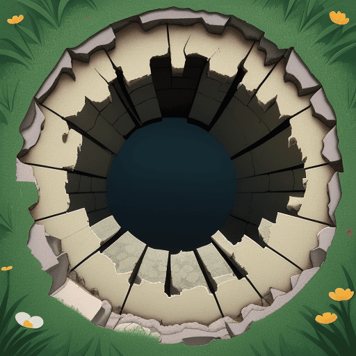 AI generated: A cute and animated style image of a deep hole with cracks, with many flowers and grass around it 