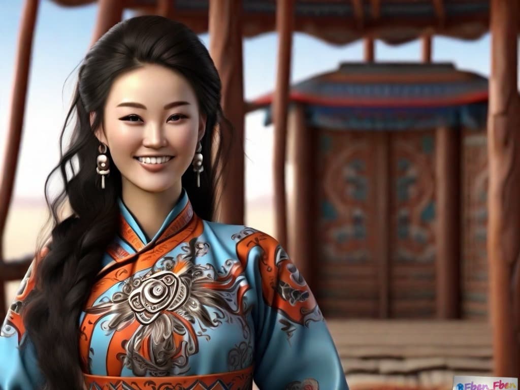 AI generated: woman in a Mongolian Ger Patterns dress, extreme detailed image with sharp dress details, the woman ...