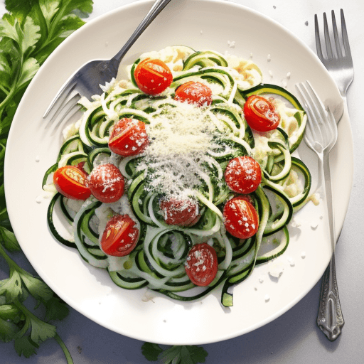 AI generated: Zucchini noodles with cherrytomatoes in a creamy Pestosauce, topped with parmesan cheese and herbs.