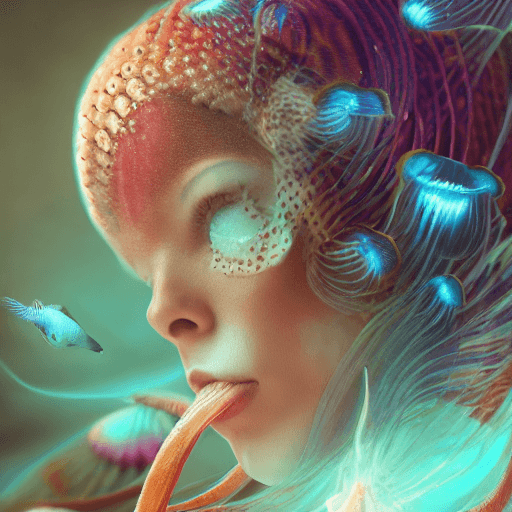 AI generated: Goddess close-up portrait ribcagel. jellyfish phoenix head, nautilus, orchid, skull, betta fish, bio...