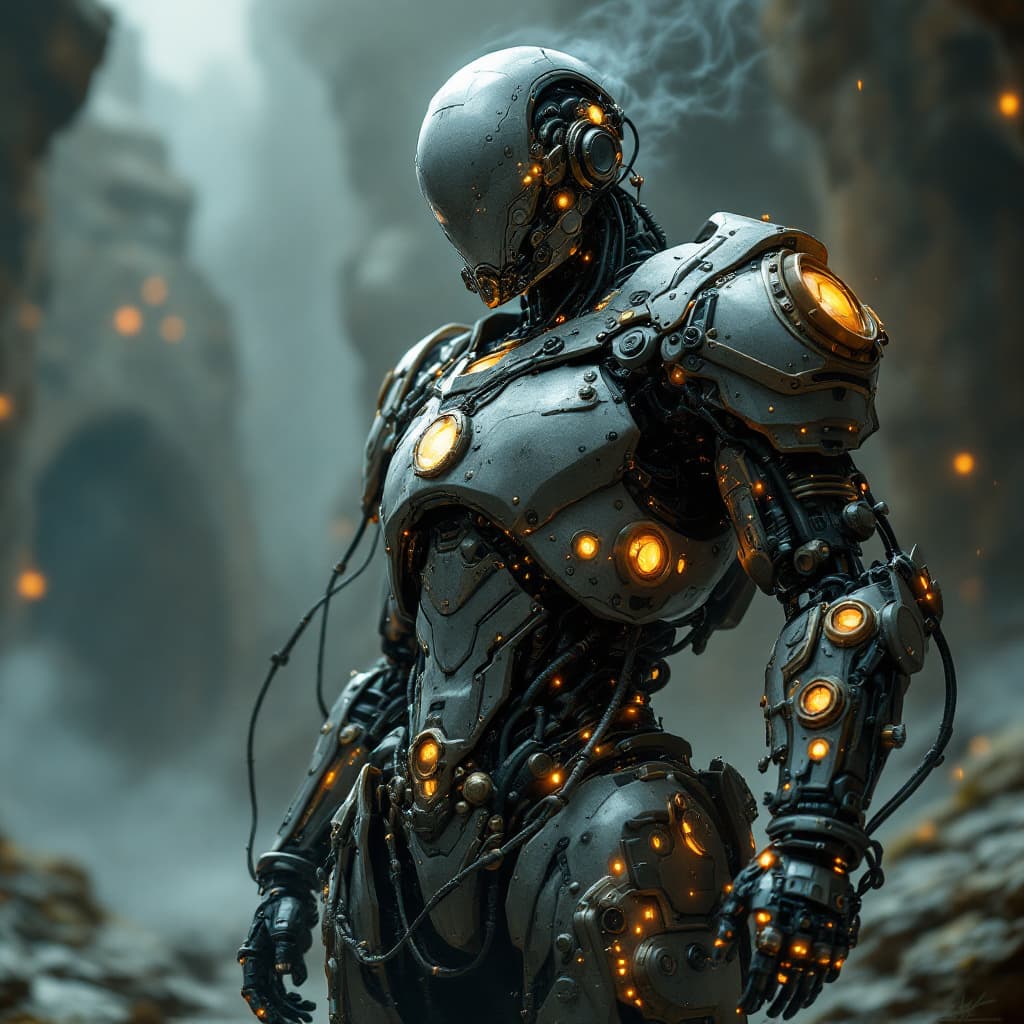 AI generated: electric cyborg in a steampunk world,full body,lensflare,misty,steam,intricate detailed