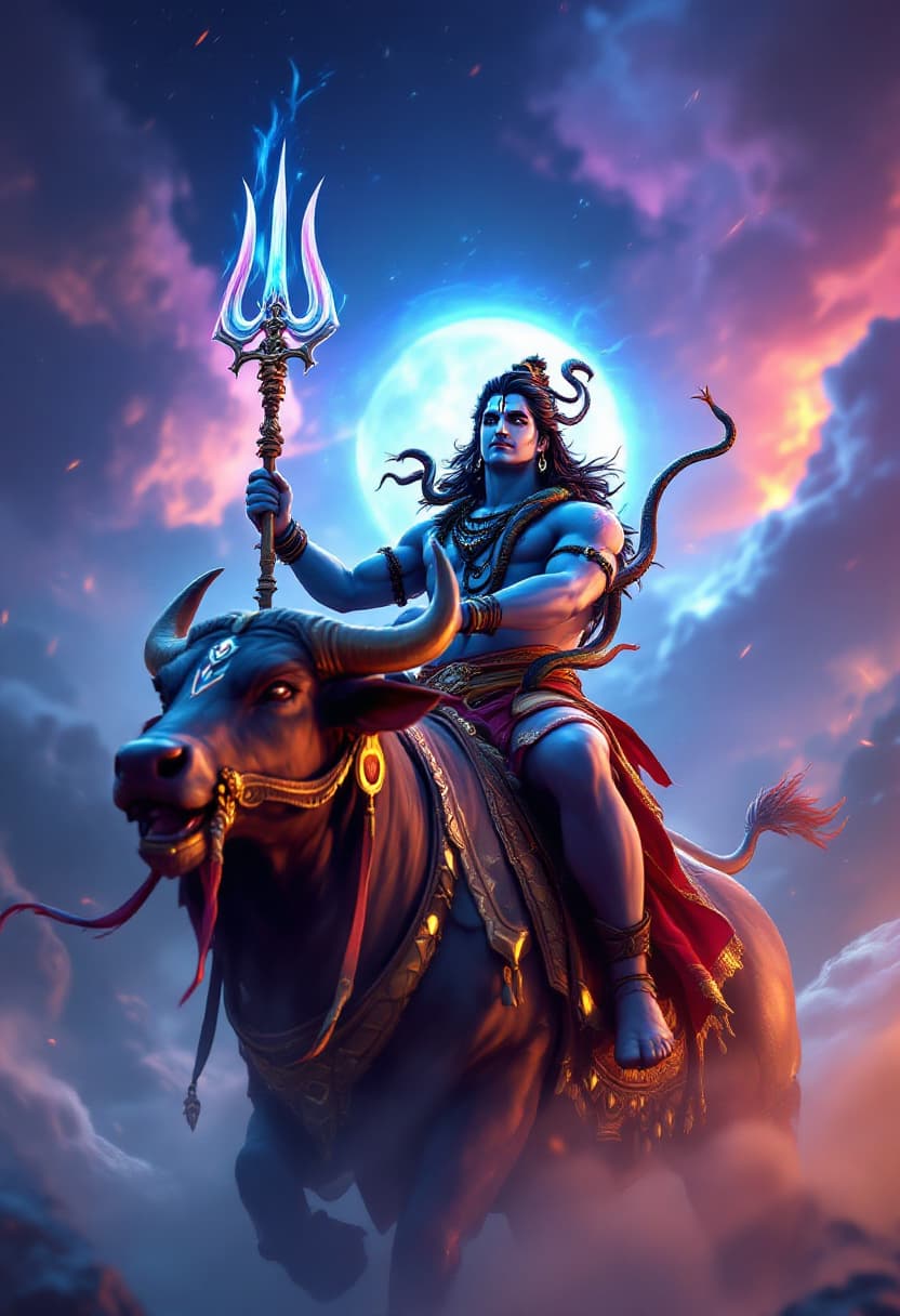 AI generated: A Full Body photo shot of a Lord Shiva warrior, Big Trishul in his hand, snake on his neck riding on...