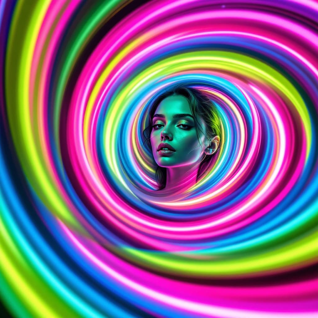 AI generated: 
 Magazine cover featuring a captivating woman enveloped in a mesmerizing vortex of swirling stripes...