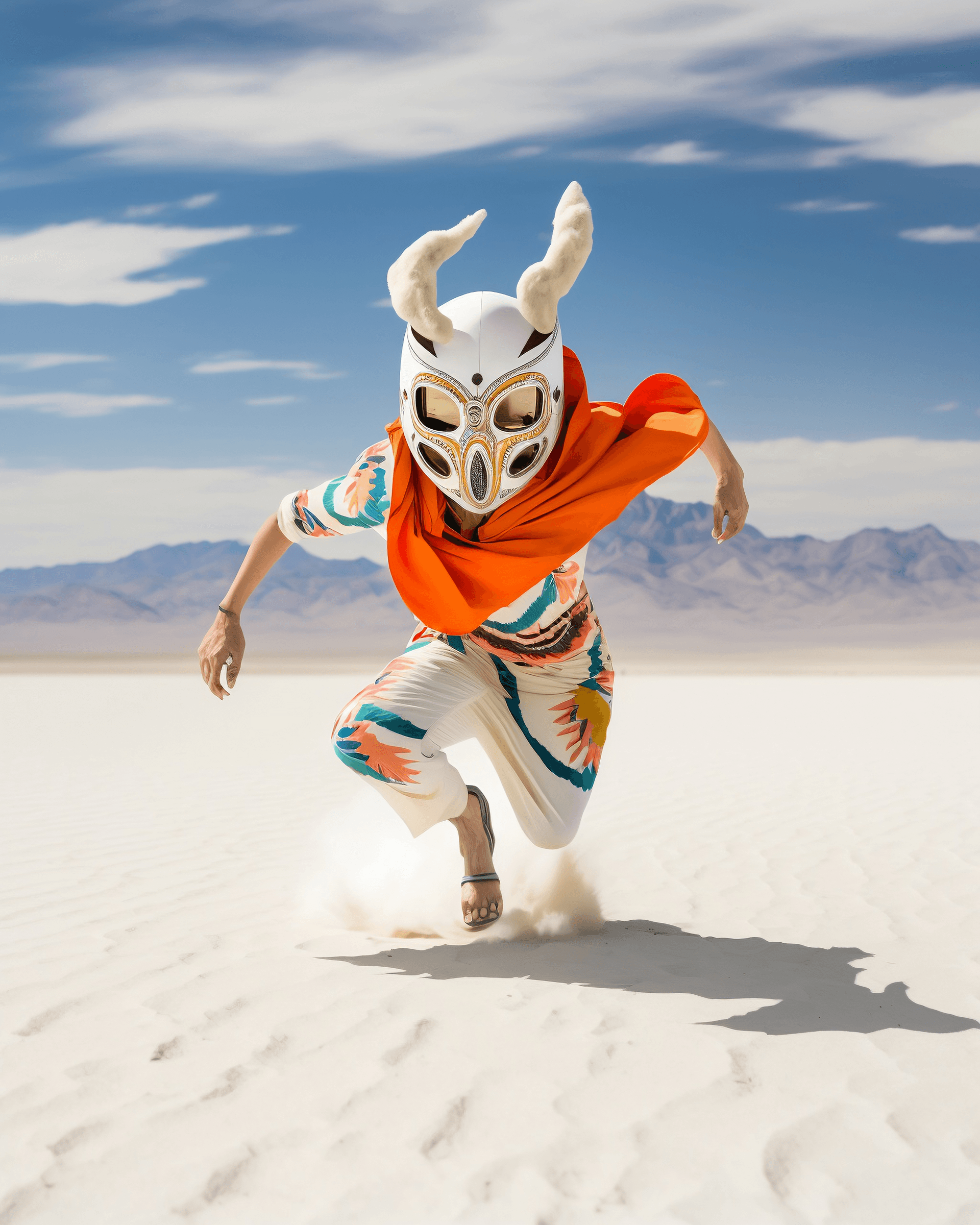 AI generated: Alien human, running in a desert, with mask.