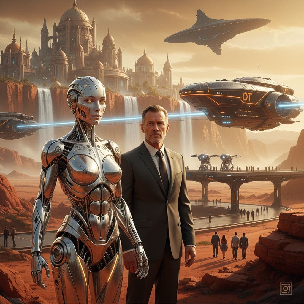 AI generated: An middle-aged man with a crew cut, wearing a suit and a beauty robot in the Northern Territory of A...