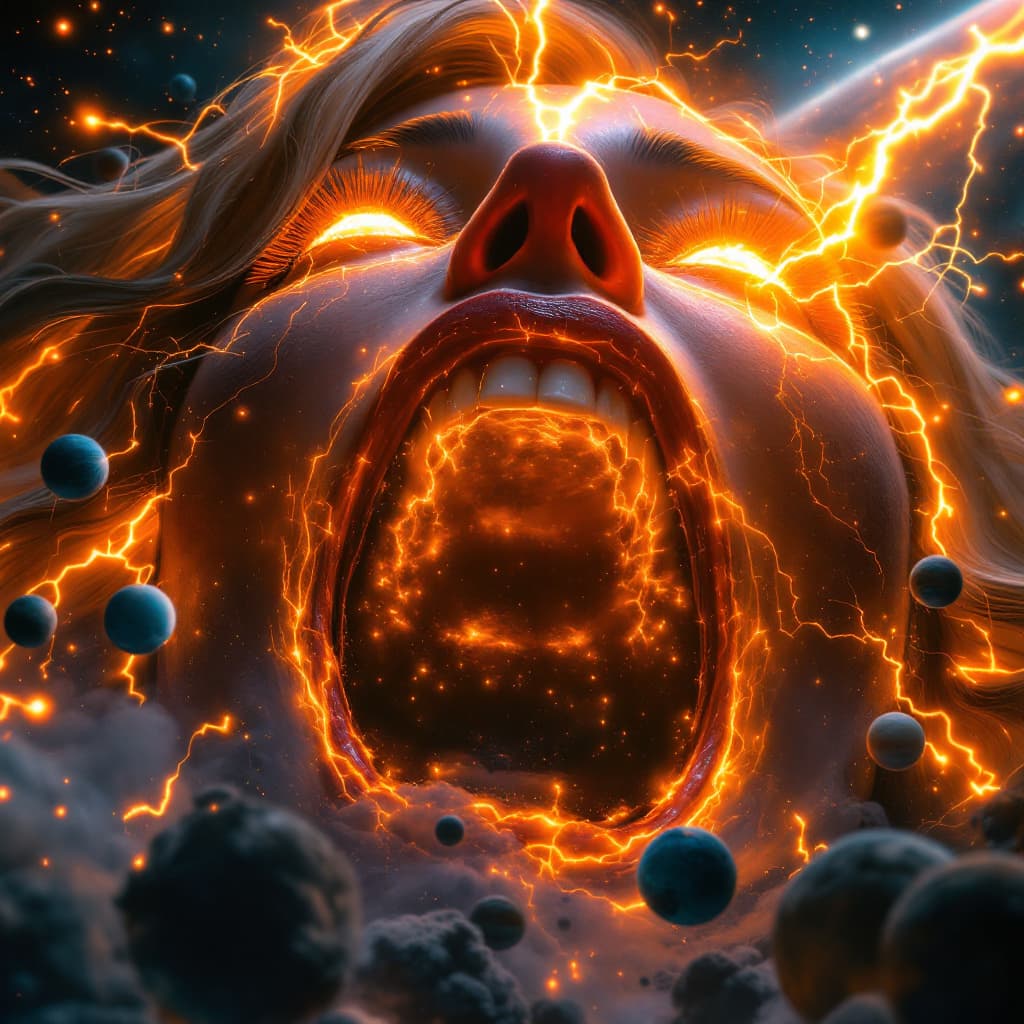AI generated: enormous giantess captain marvel
bigger than a galaxy floating in space, minuscule planets in front ...