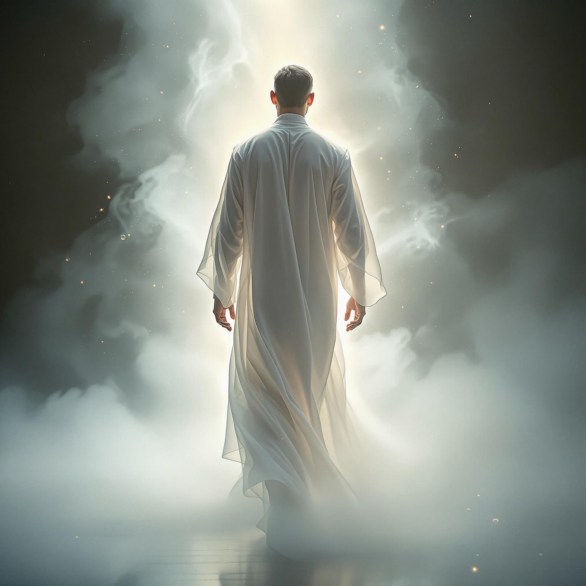 AI generated: A fine art, hyper-realistic, cinematic image of a man wearing a white long cotton robe with his back...