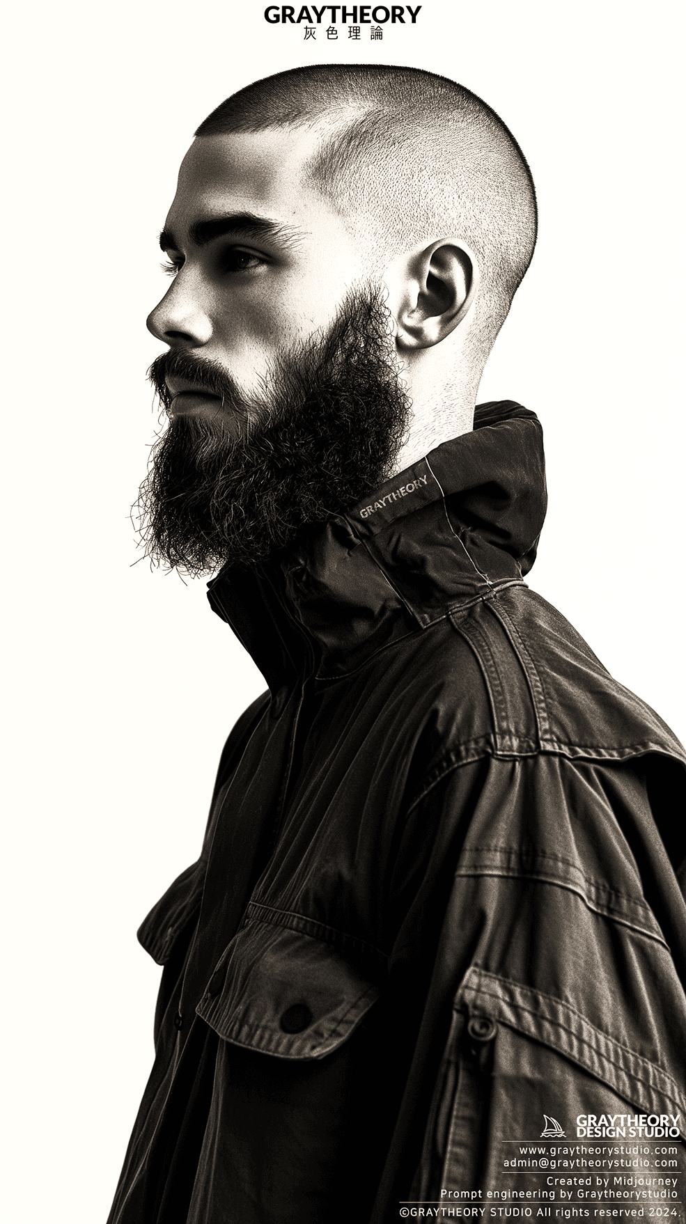 AI generated: Photograph, model, minimalist, bald head and beard, solid white, studio lights