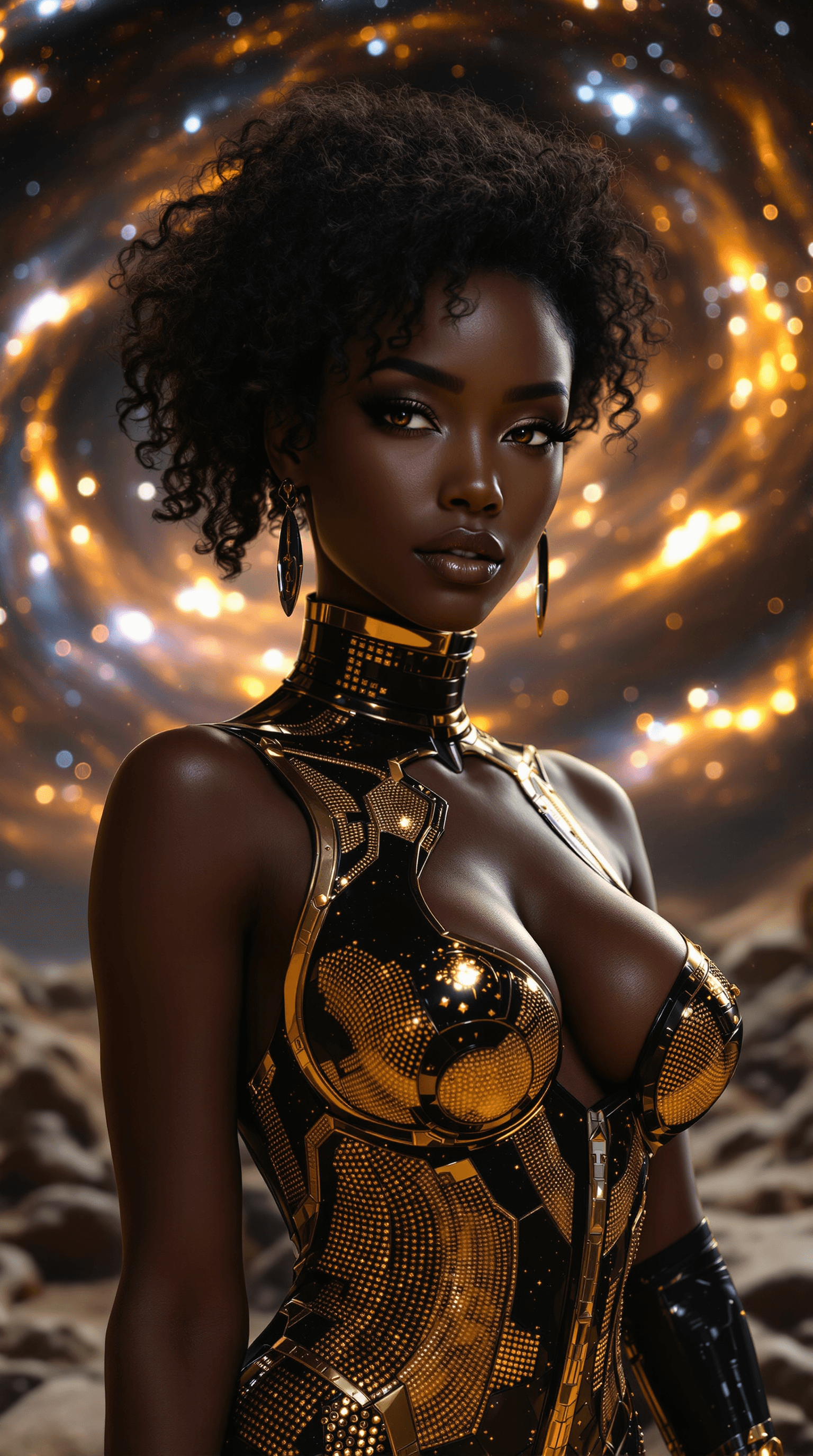AI generated: /imagine prompt: A breathtaking African woman with smooth ebony skin, striking amber eyes, and a sho...
