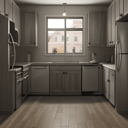 AI generated: interior design,kitchen,L shaped kitchen,wooden floor,smokey grey and taupe colors,taupe walls,sink ...
