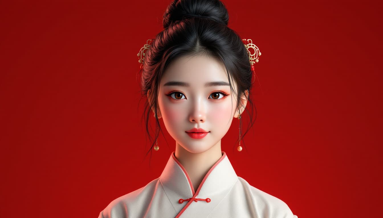 AI generated: 3D art, C4D, IP image, full-frontal portrait, a Chinese girl with black hair, wearing traditional Ch...