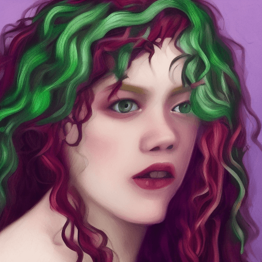 AI generated: red hair, purple eyes, curly hair, girl, european face, green dress, real art