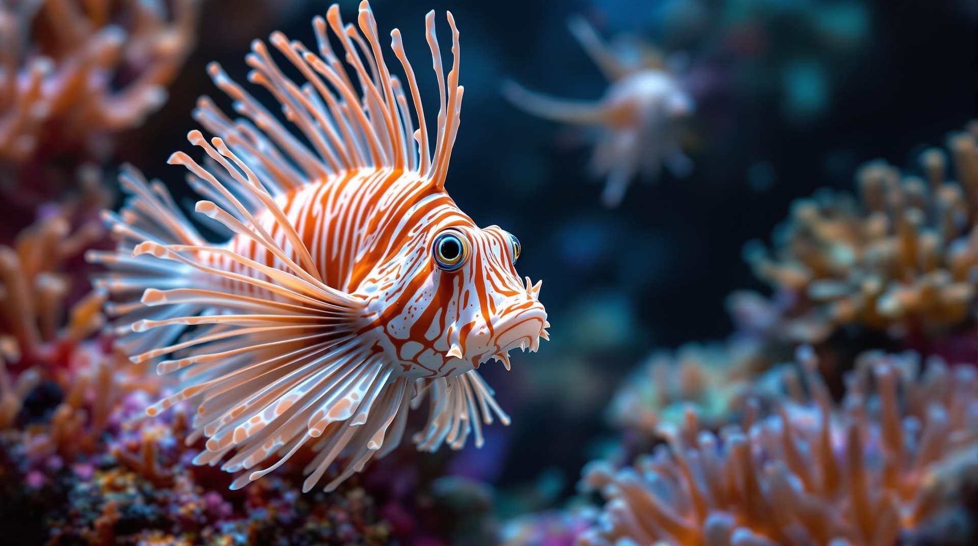 AI generated:   3d  lion fish, in natural greige tone colors super macro, spines and beautiful   with textures and...