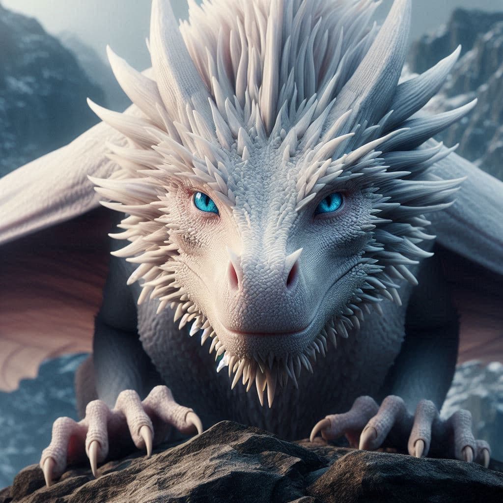 AI generated: Photography of a white dragon, blue eyes in the mountains, (hyperrealism : 1. 4), (award winning: 1....