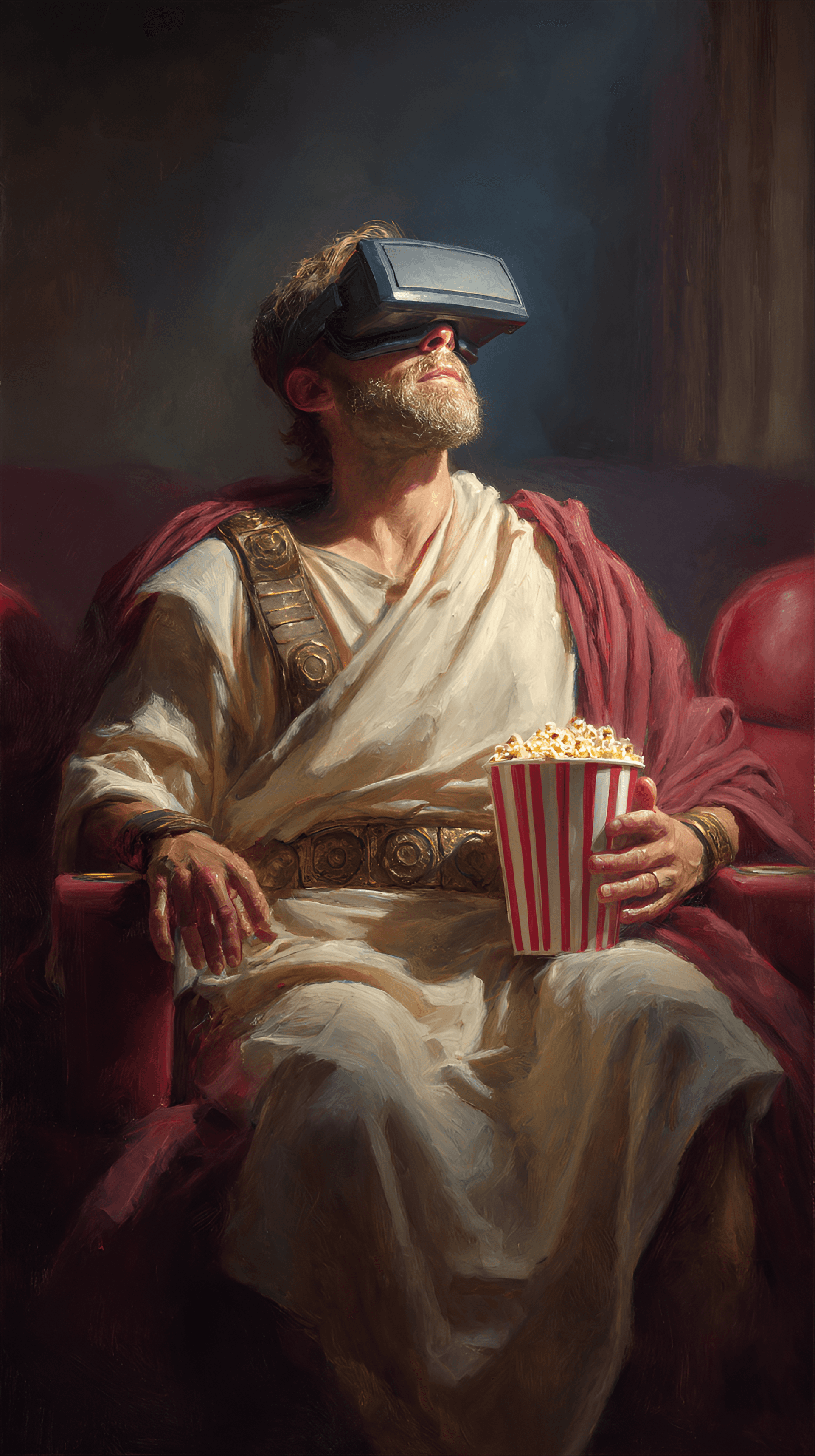 AI generated: Caucasian man, -colored Roman-style toga over a  red cloak/cape, sits in a red velvet movie theater ...